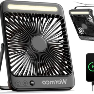 Warmco Ventilateur de camping sur batterie 20000 mAh, silencieux, 27 cm, avec lampe