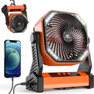 KITWLEMEN Ventilateur de camping sur batterie 20 000 mAh - jusqu'à 58 heures de fraîcheur, ventilateur de table rechargeable sur batterie avec 4 vitesses, lumière puissante et crochet