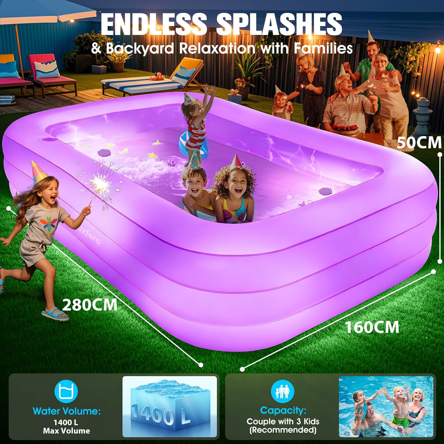 Luxfero Piscine gonflable pour adultes avec siège et éclairage de piscine – Image 6
