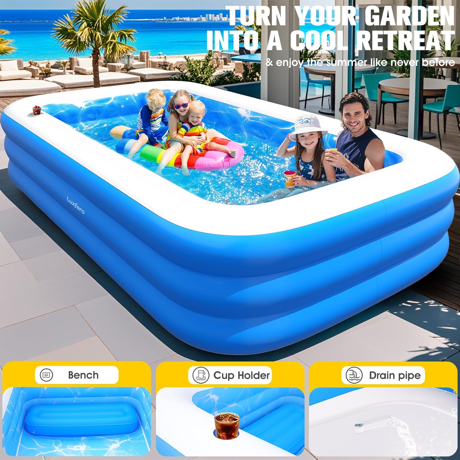 Luxfero Piscine gonflable pour adultes avec siège et éclairage de piscine – Image 4